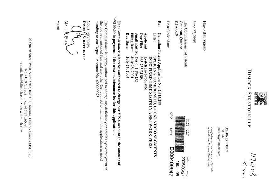 Document de brevet canadien 2415299. Taxes 20050627. Image 1 de 1