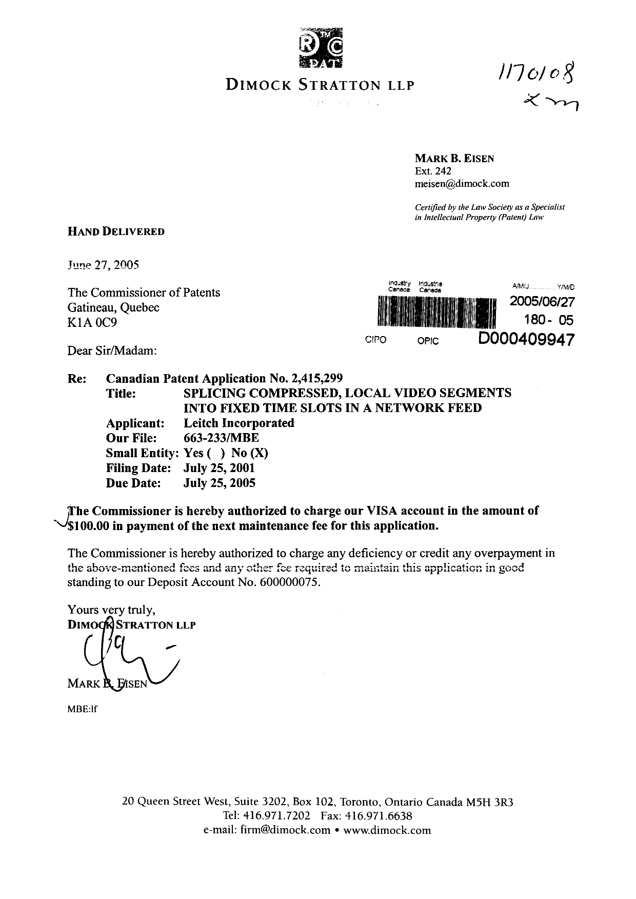Document de brevet canadien 2415299. Taxes 20050627. Image 1 de 1