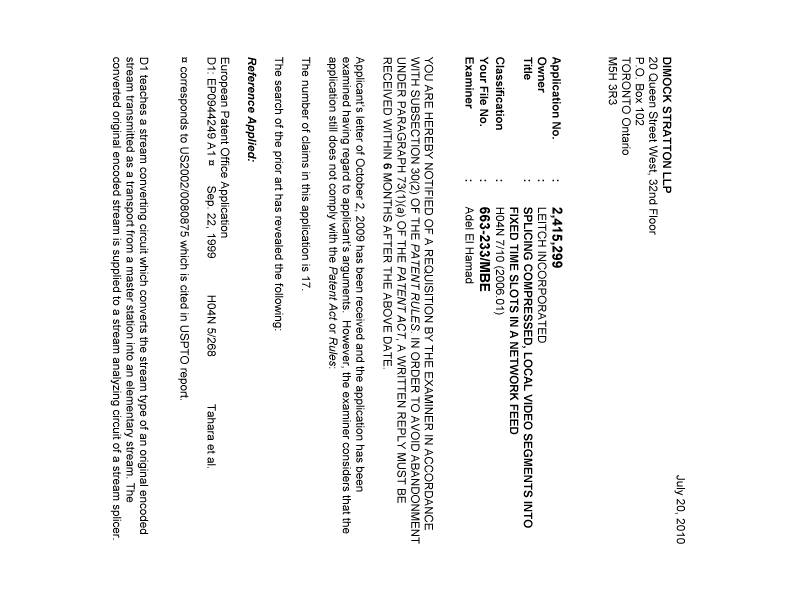 Document de brevet canadien 2415299. Poursuite-Amendment 20100720. Image 1 de 4