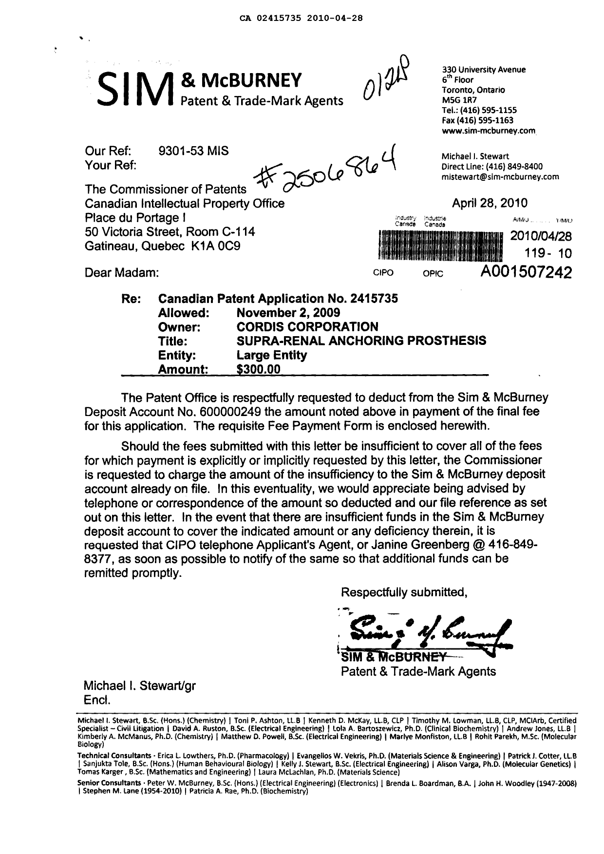 Document de brevet canadien 2415735. Correspondance 20100428. Image 1 de 1