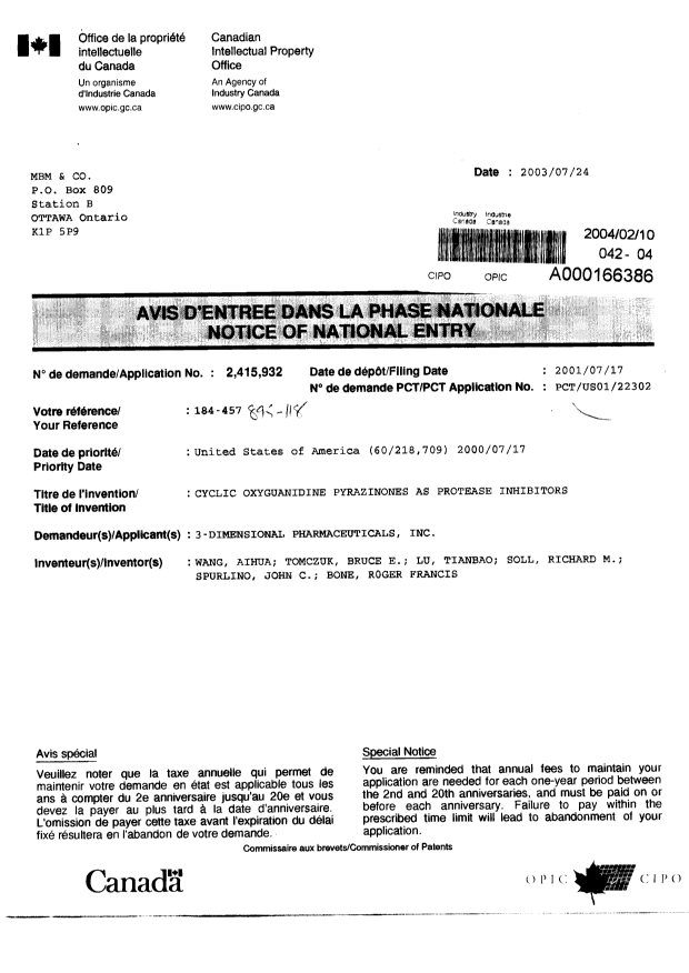 Document de brevet canadien 2415932. Correspondance 20040210. Image 3 de 3