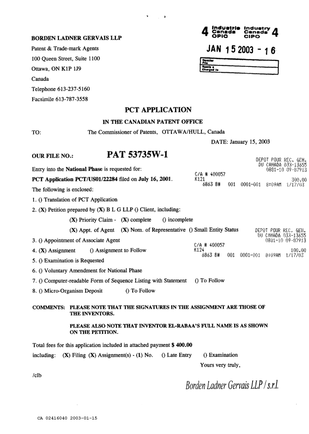 Document de brevet canadien 2416040. Cession 20030115. Image 1 de 4