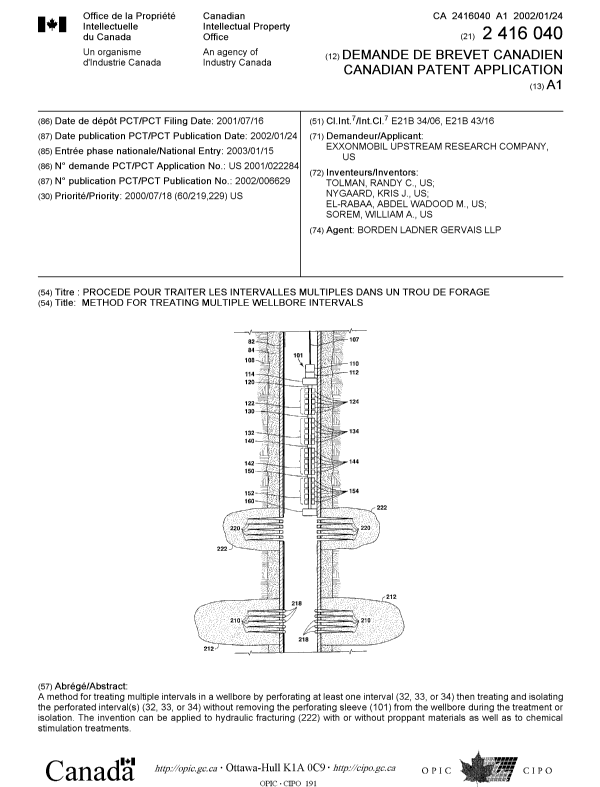 Canadian Patent Document 2416040. Cover Page 20030314. Image 1 of 1