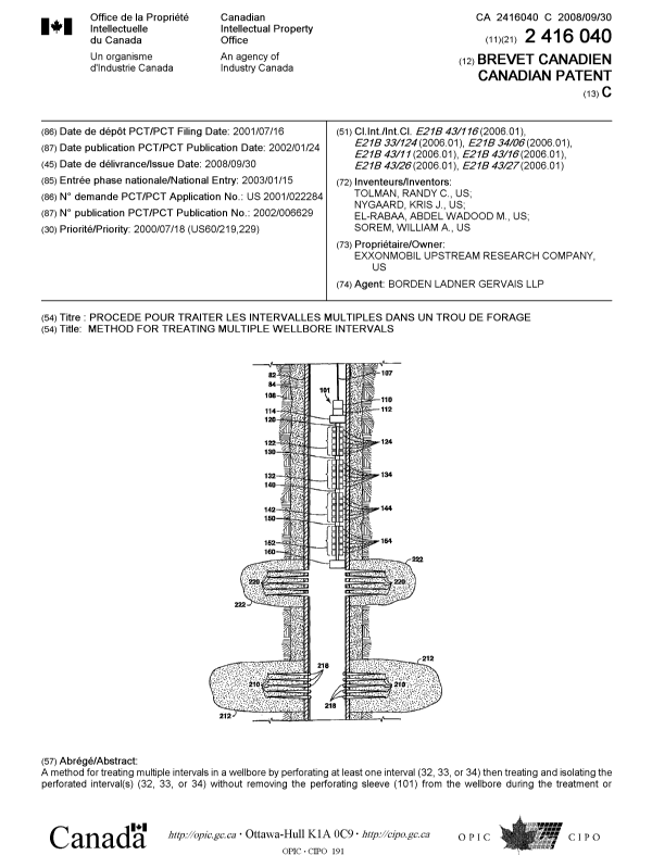 Document de brevet canadien 2416040. Page couverture 20080916. Image 1 de 2