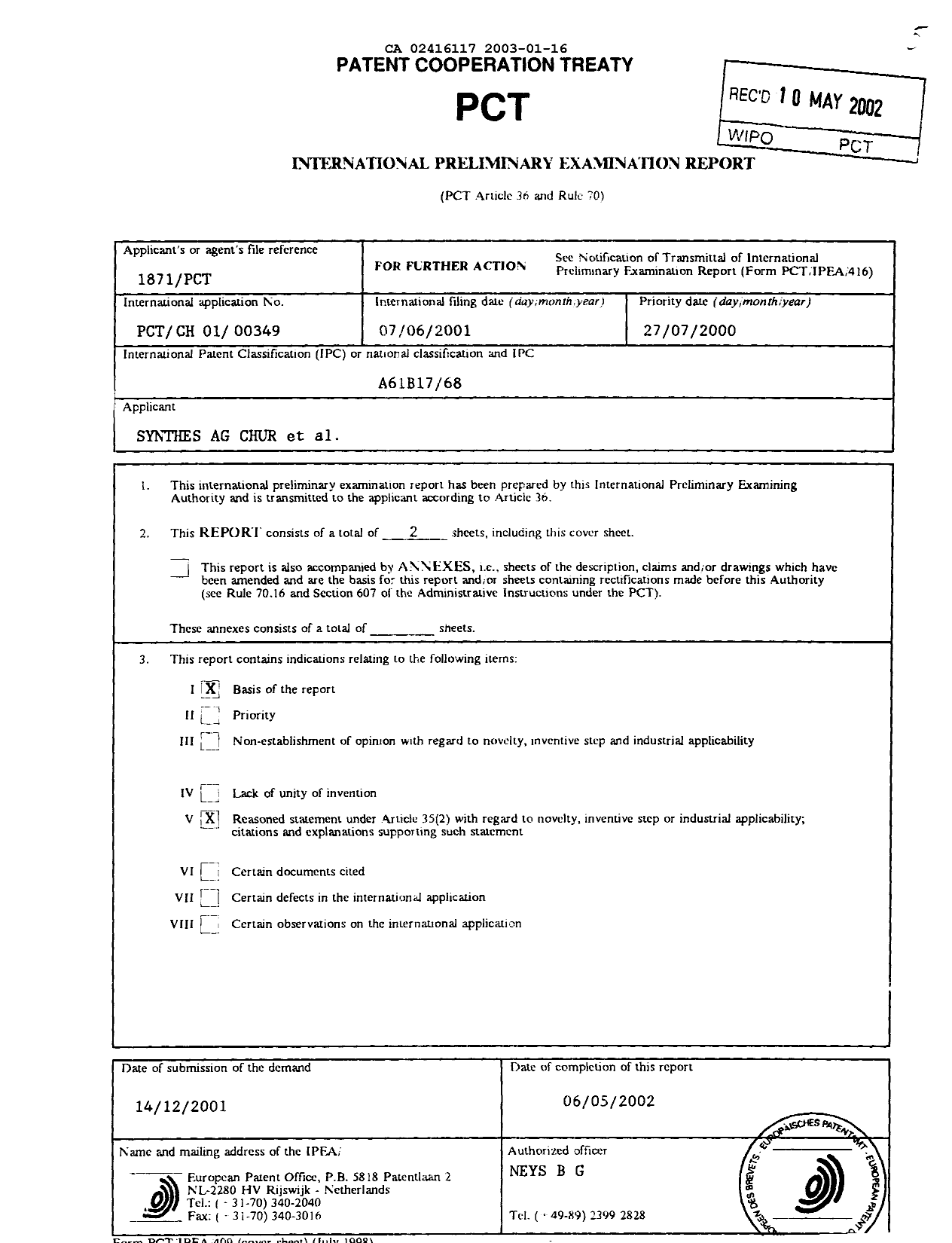 Document de brevet canadien 2416117. PCT 20030116. Image 2 de 6