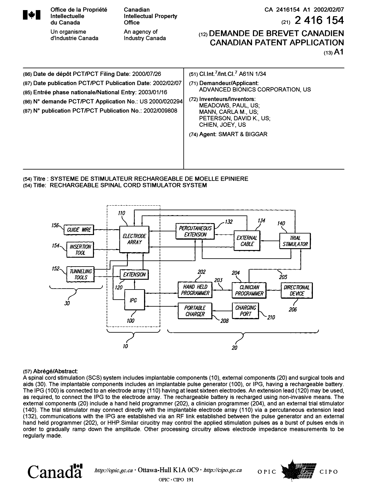 Document de brevet canadien 2416154. Page couverture 20030313. Image 1 de 1
