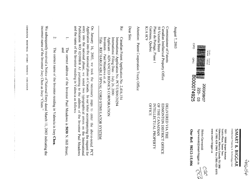 Document de brevet canadien 2416154. Correspondance 20030807. Image 1 de 2