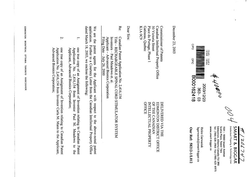 Document de brevet canadien 2416154. Cession 20031223. Image 1 de 6