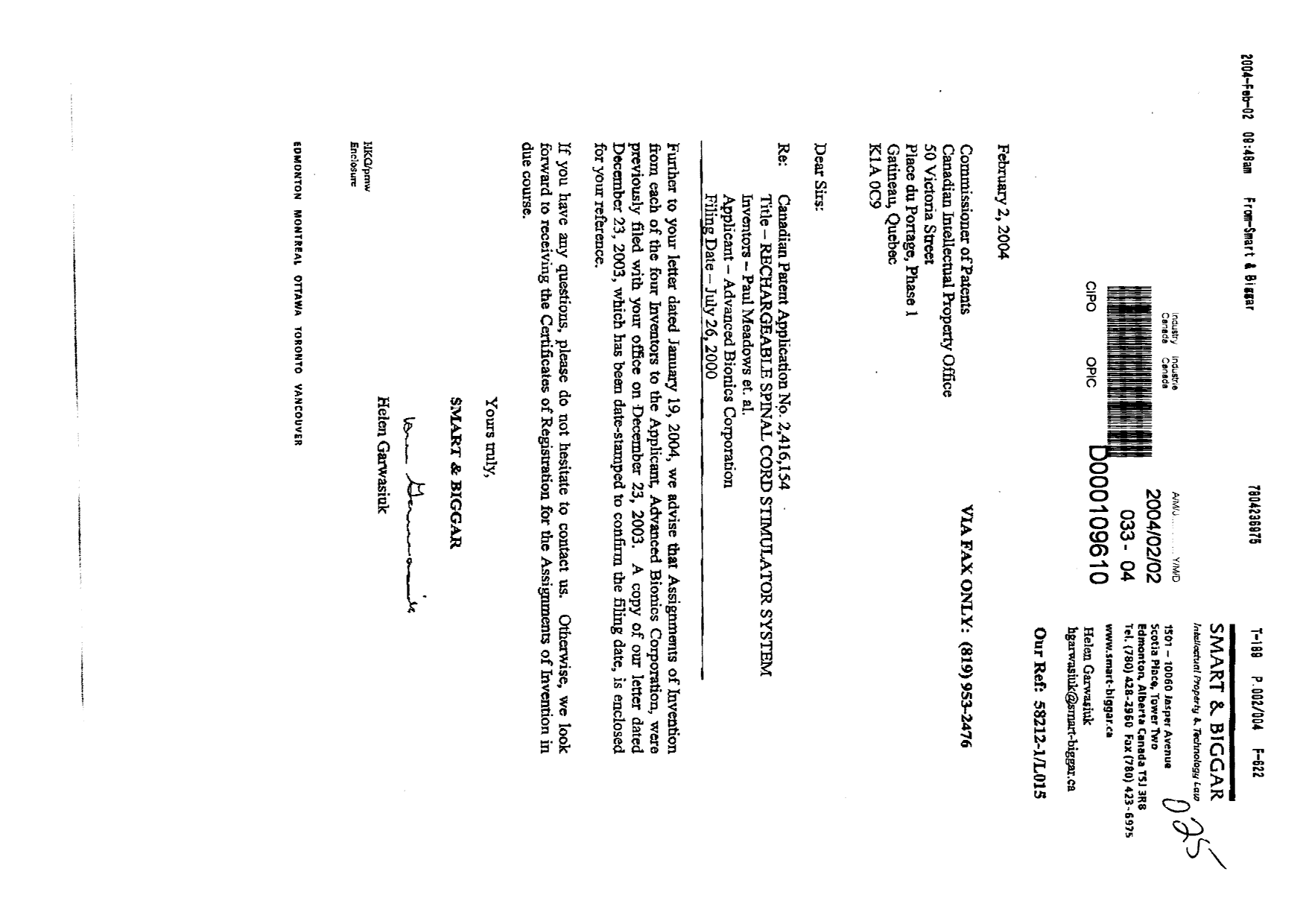 Canadian Patent Document 2416154. Assignment 20040202. Image 1 of 4