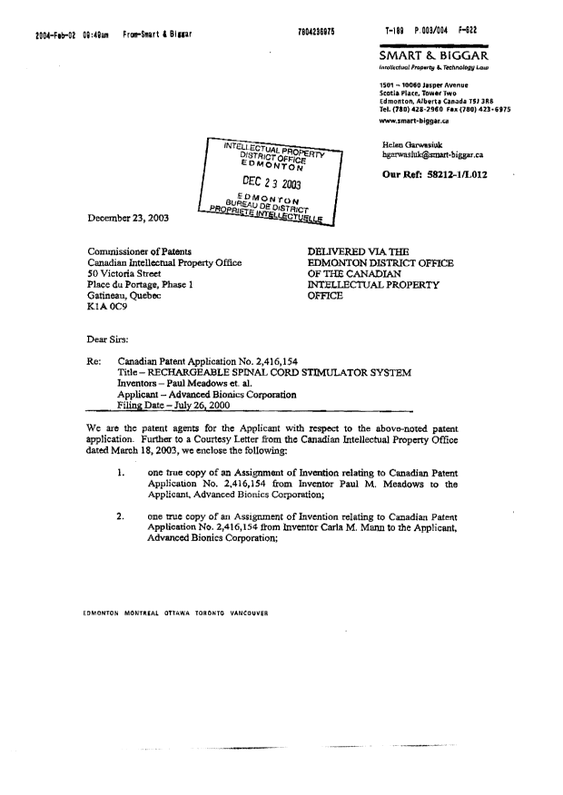 Document de brevet canadien 2416154. Cession 20040202. Image 2 de 4