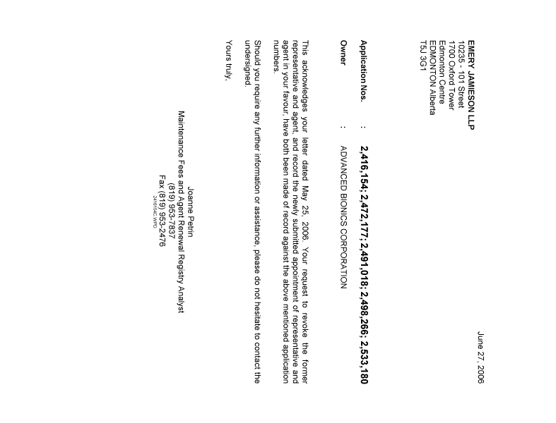 Document de brevet canadien 2416154. Correspondance 20060627. Image 1 de 1