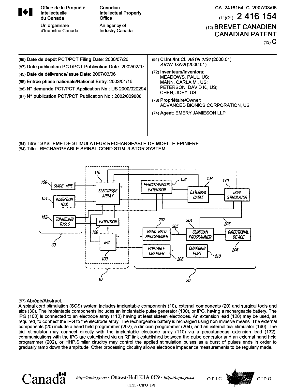 Document de brevet canadien 2416154. Page couverture 20070207. Image 1 de 1