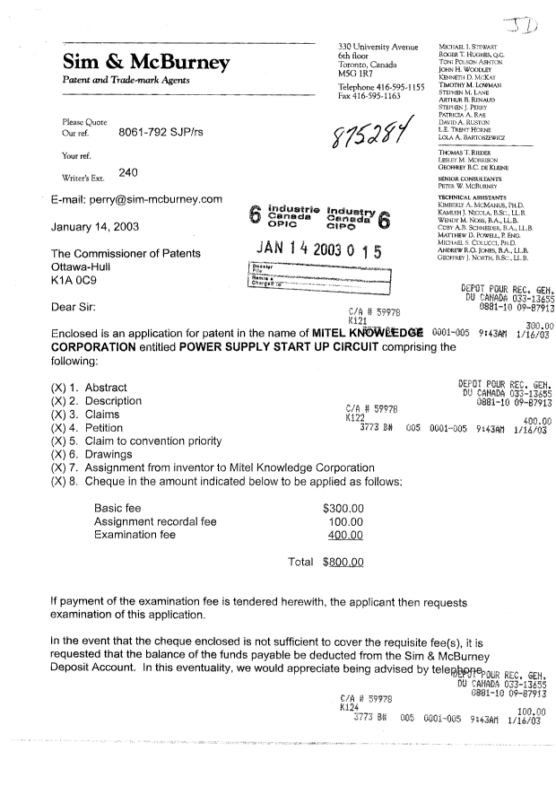 Document de brevet canadien 2416338. Cession 20030114. Image 1 de 5