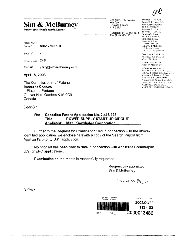 Document de brevet canadien 2416338. Poursuite-Amendment 20030422. Image 1 de 1