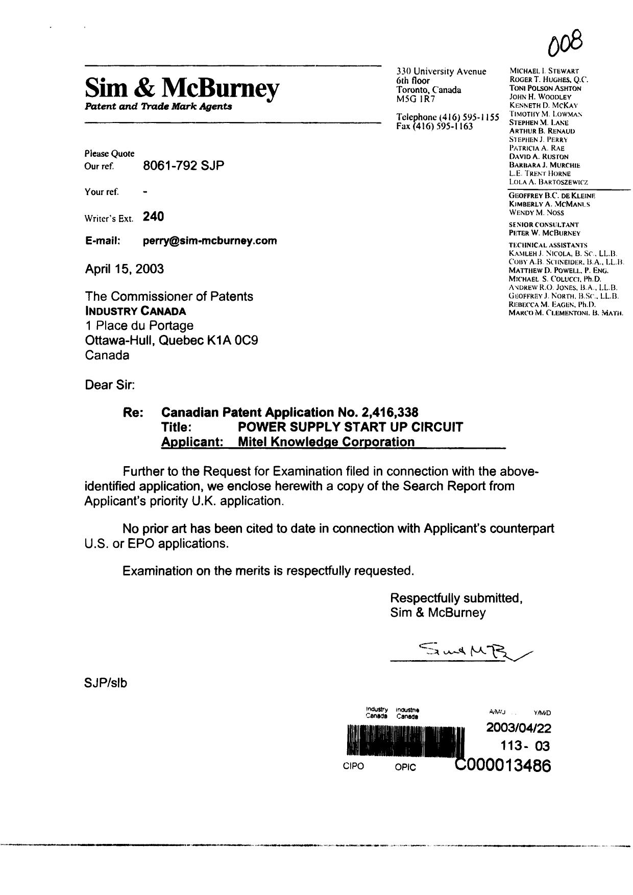 Canadian Patent Document 2416338. Prosecution-Amendment 20030422. Image 1 of 1