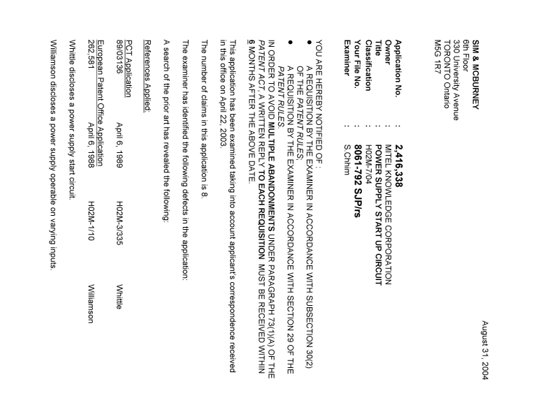 Canadian Patent Document 2416338. Prosecution-Amendment 20040831. Image 1 of 2
