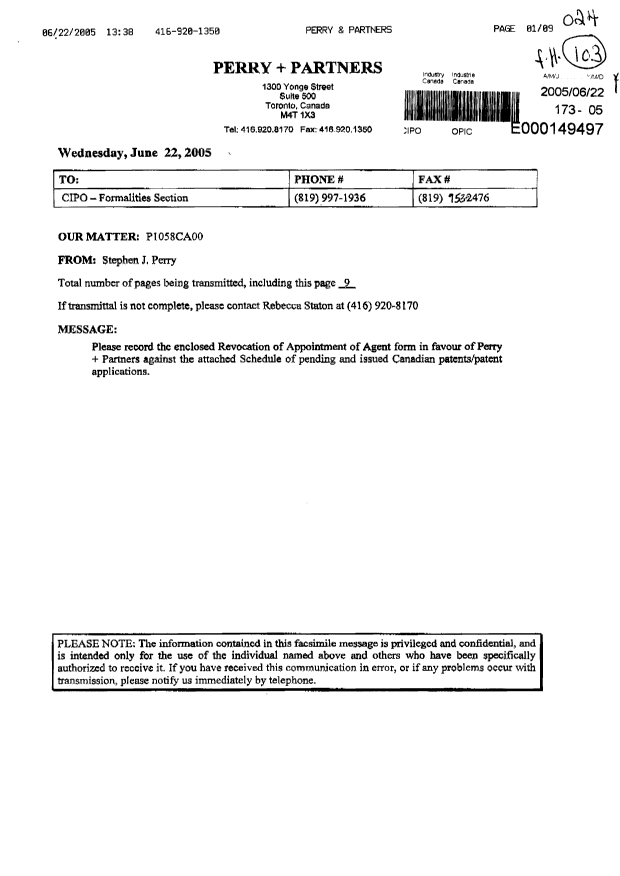 Canadian Patent Document 2416338. Correspondence 20050622. Image 1 of 9