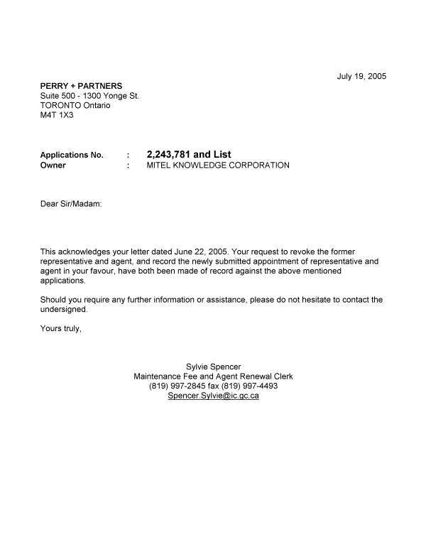 Document de brevet canadien 2416338. Correspondance 20050719. Image 1 de 1