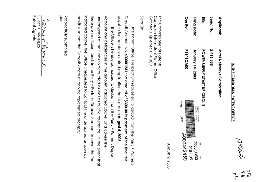 Canadian Patent Document 2416338. Correspondence 20050803. Image 1 of 1