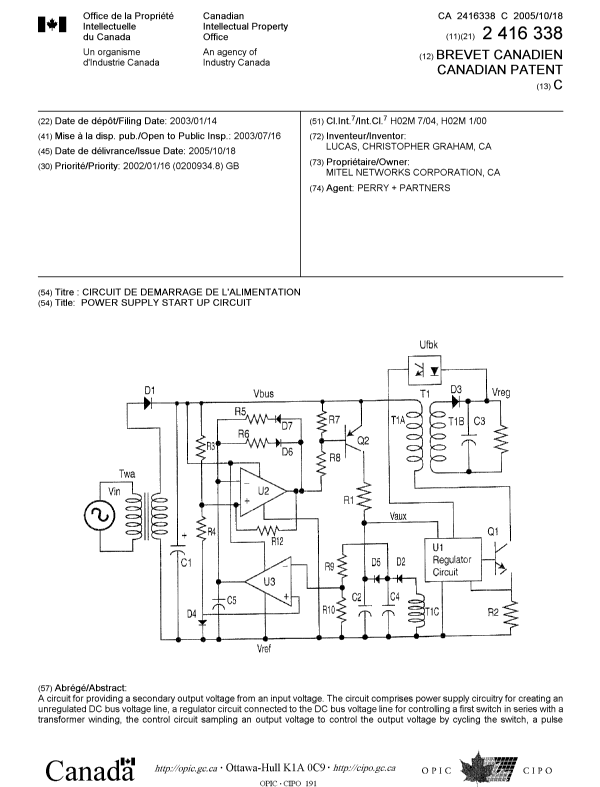 Document de brevet canadien 2416338. Page couverture 20050928. Image 1 de 2