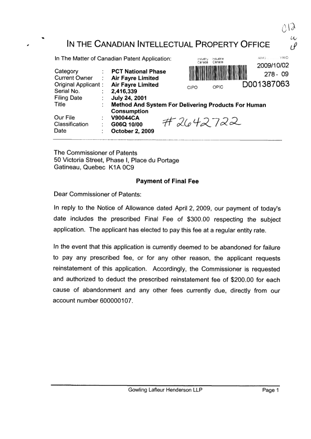 Canadian Patent Document 2416339. Correspondence 20091002. Image 1 of 2