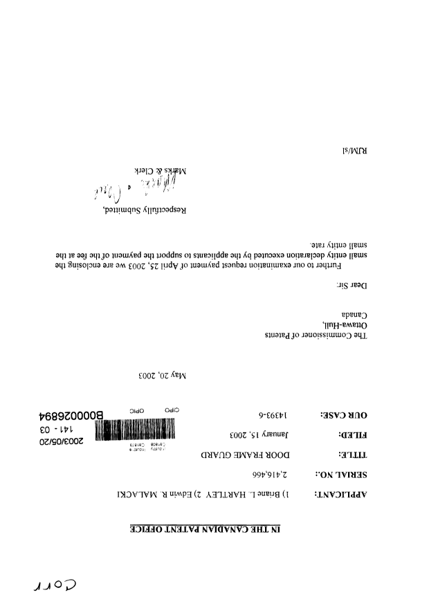 Canadian Patent Document 2416466. Correspondence 20030520. Image 1 of 2