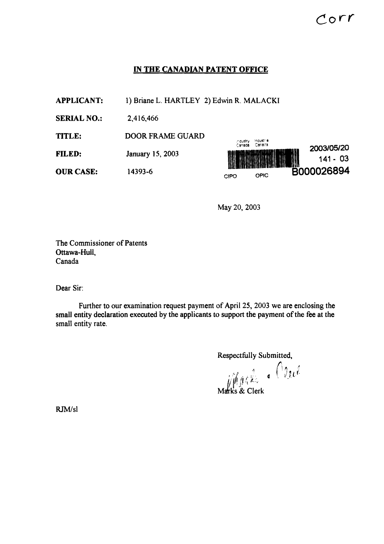 Document de brevet canadien 2416466. Correspondance 20030520. Image 1 de 2