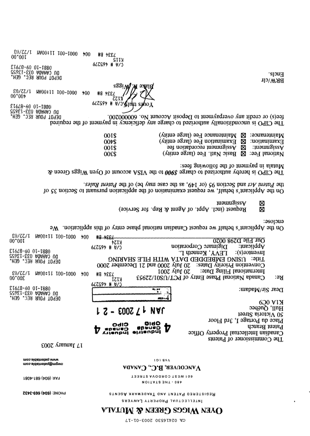 Canadian Patent Document 2416530. Assignment 20030117. Image 1 of 5