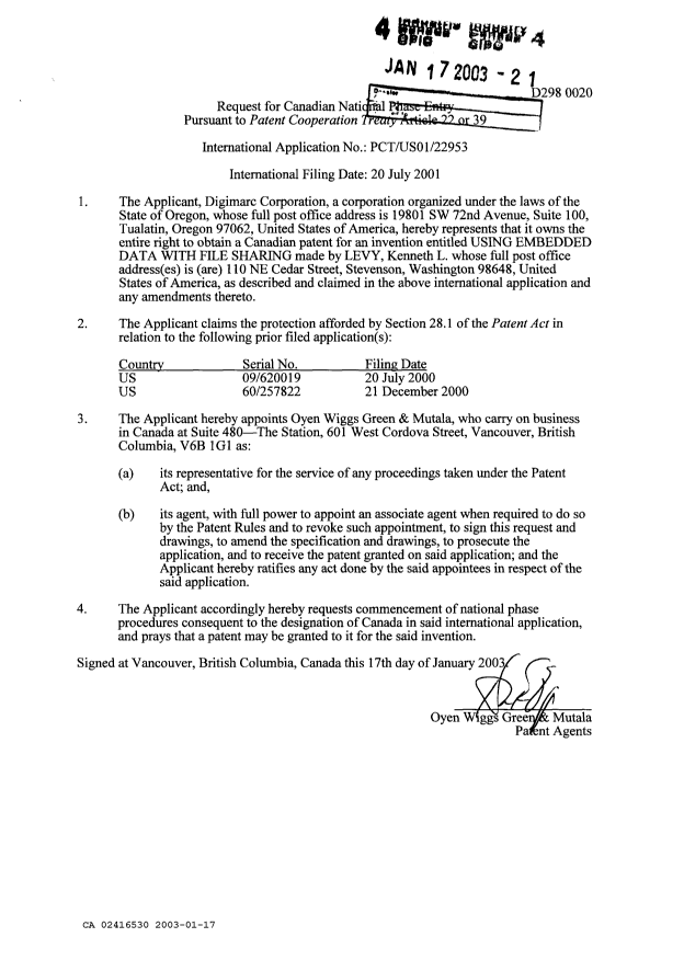 Canadian Patent Document 2416530. Assignment 20030117. Image 2 of 5