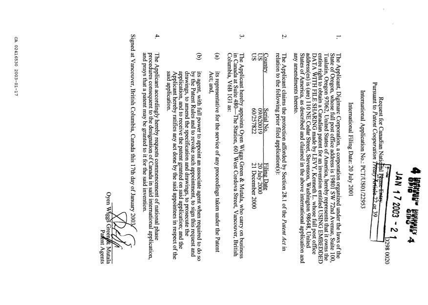 Canadian Patent Document 2416530. Assignment 20030117. Image 2 of 5