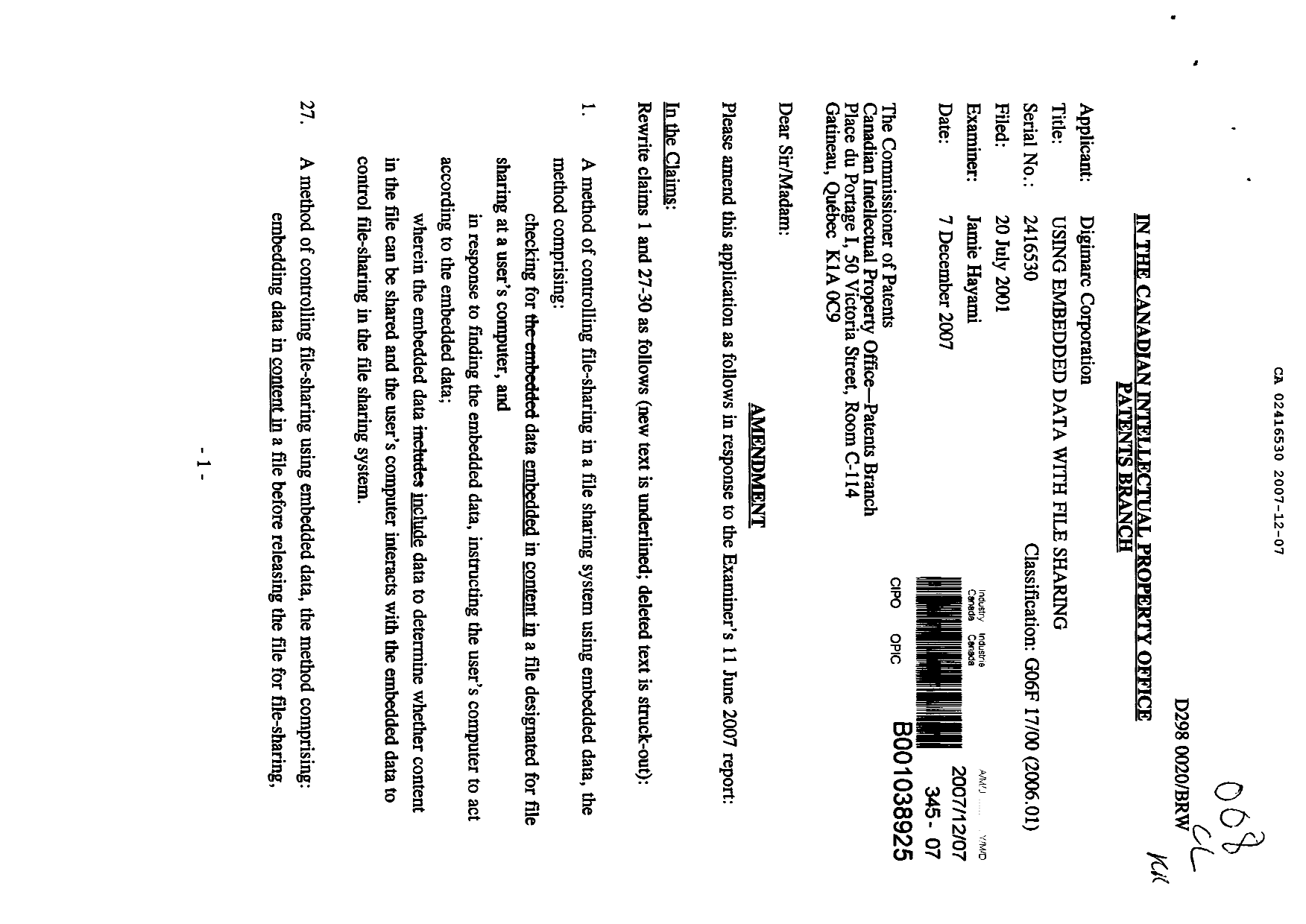 Canadian Patent Document 2416530. Prosecution-Amendment 20071207. Image 1 of 8