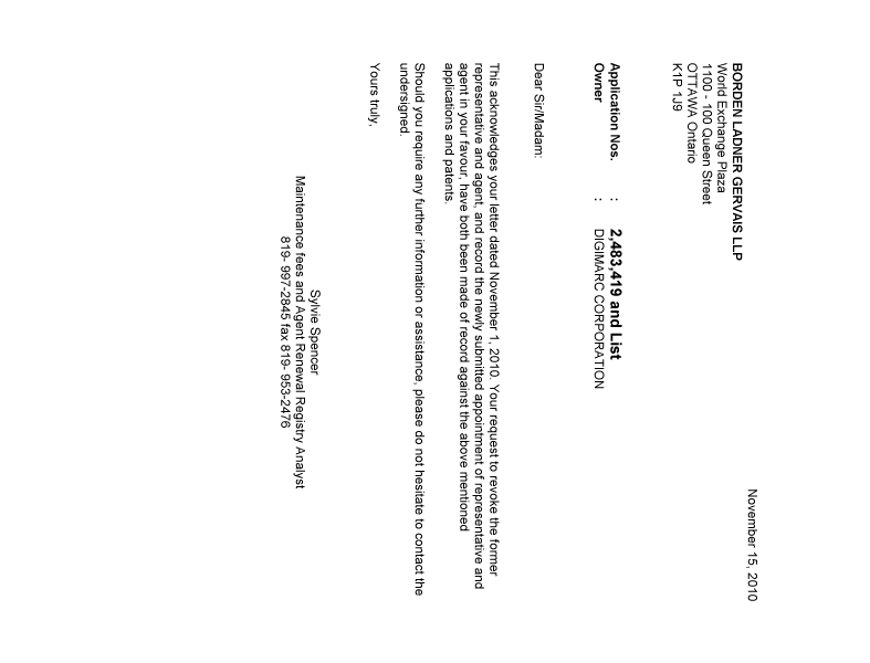 Document de brevet canadien 2416530. Correspondance 20101115. Image 1 de 1
