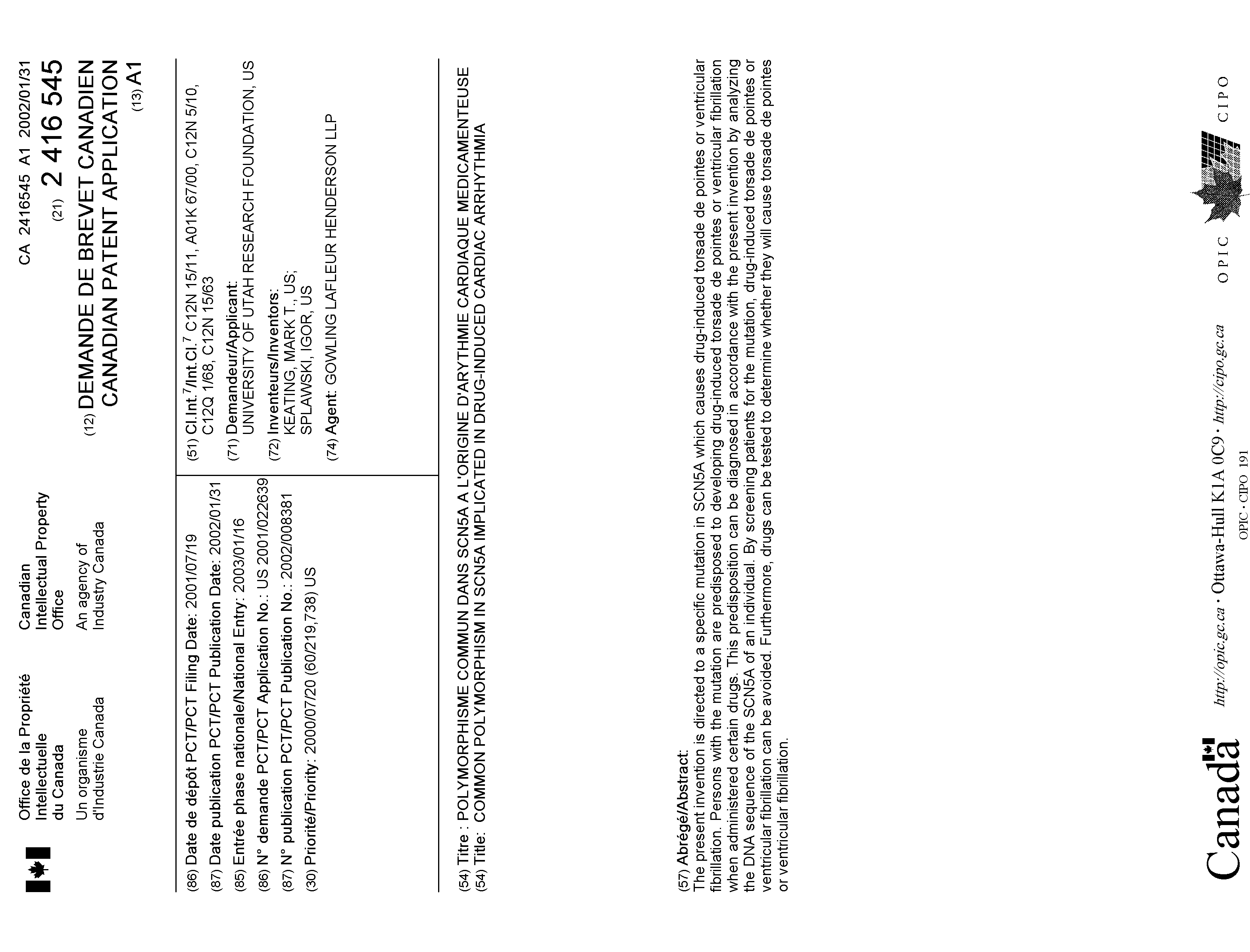 Canadian Patent Document 2416545. Cover Page 20021205. Image 1 of 1