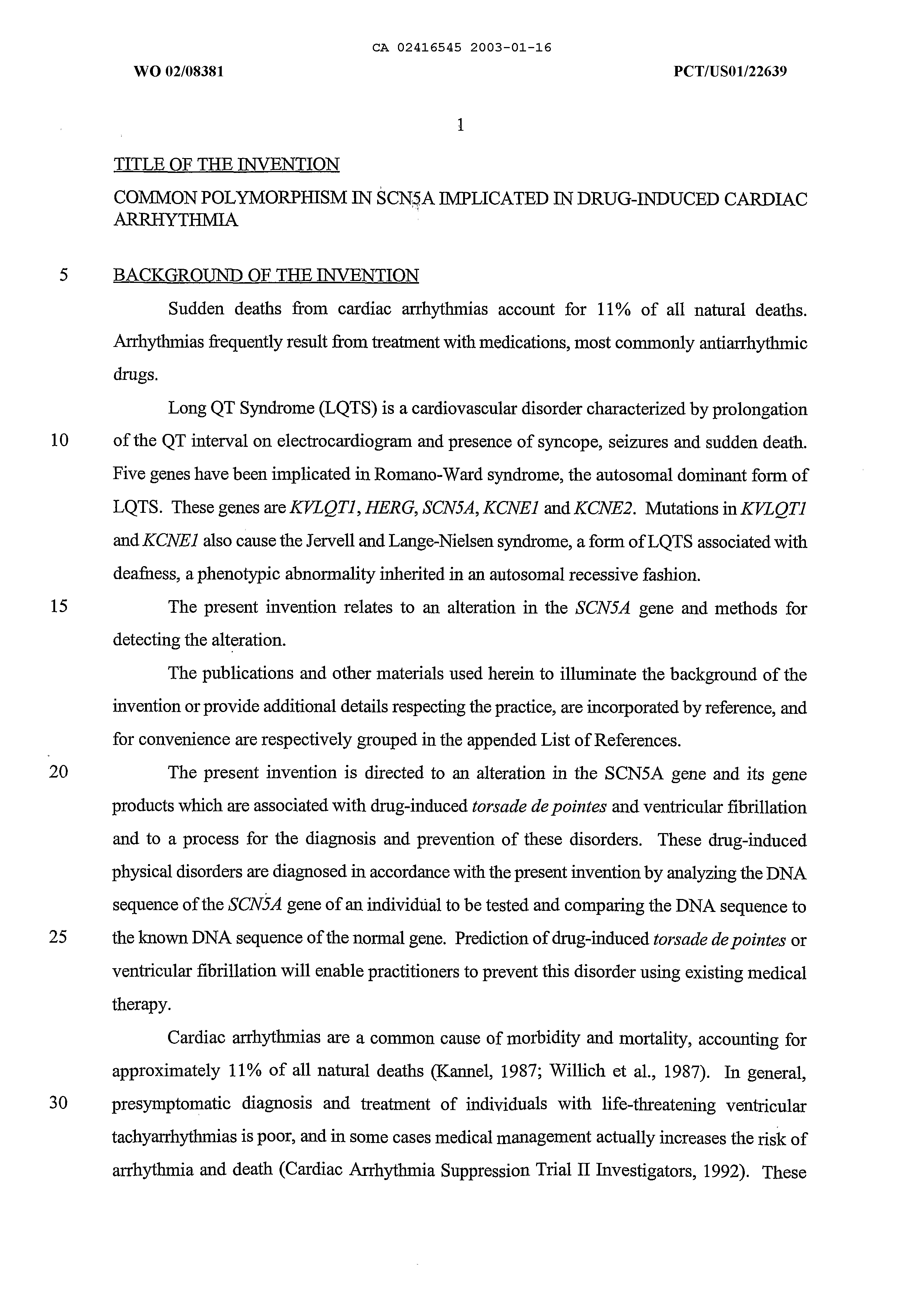 Document de brevet canadien 2416545. Description 20021216. Image 1 de 100
