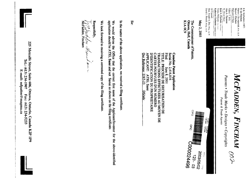 Document de brevet canadien 2416816. Correspondance 20021202. Image 1 de 1