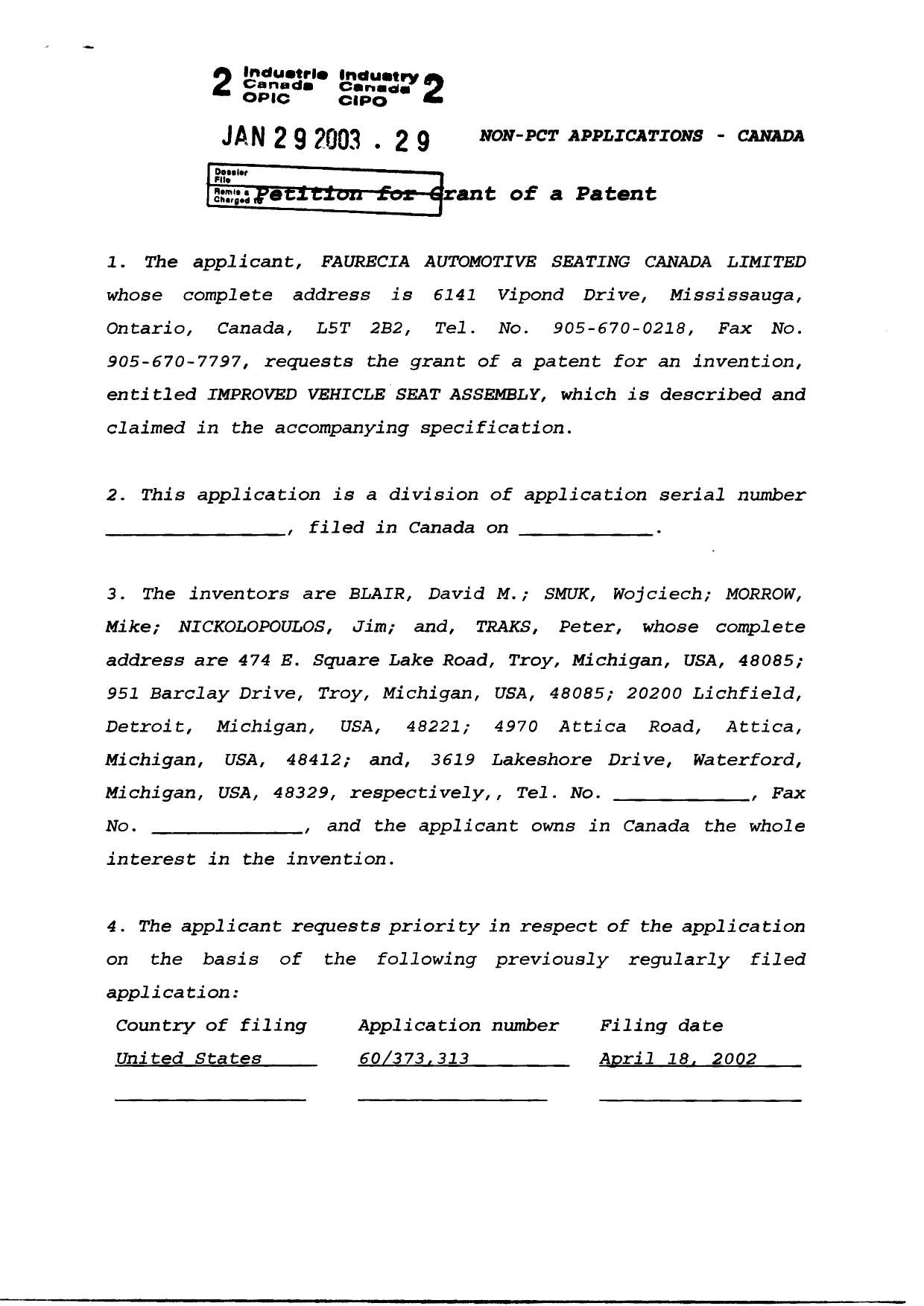 Document de brevet canadien 2417003. Cession 20030129. Image 2 de 4