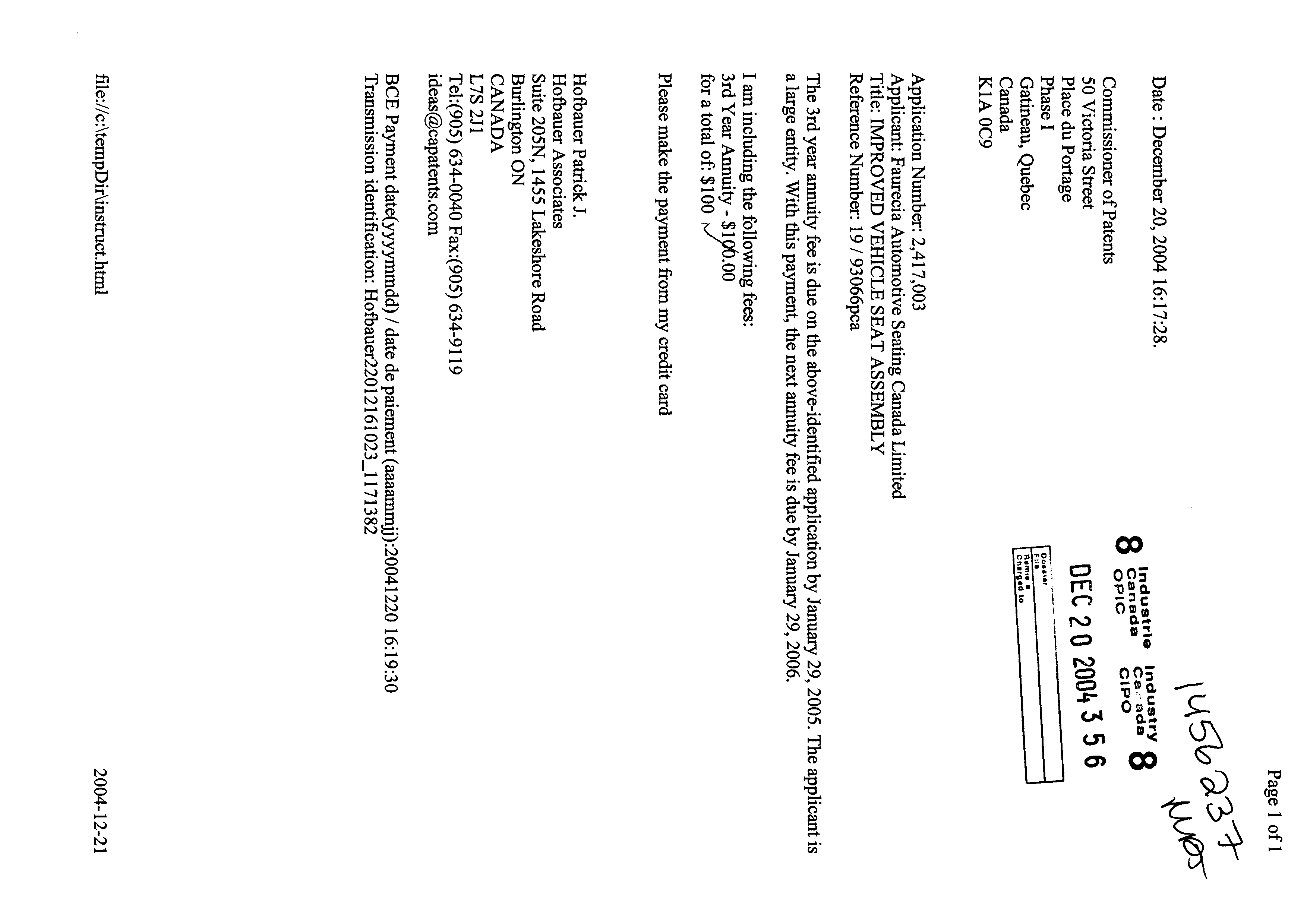 Document de brevet canadien 2417003. Taxes 20031220. Image 1 de 1