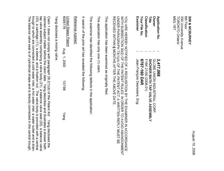 Document de brevet canadien 2417068. Poursuite-Amendment 20060810. Image 1 de 2