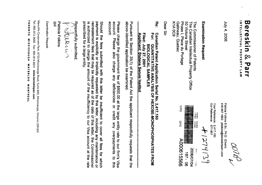 Document de brevet canadien 2417150. Poursuite-Amendment 20060704. Image 1 de 1