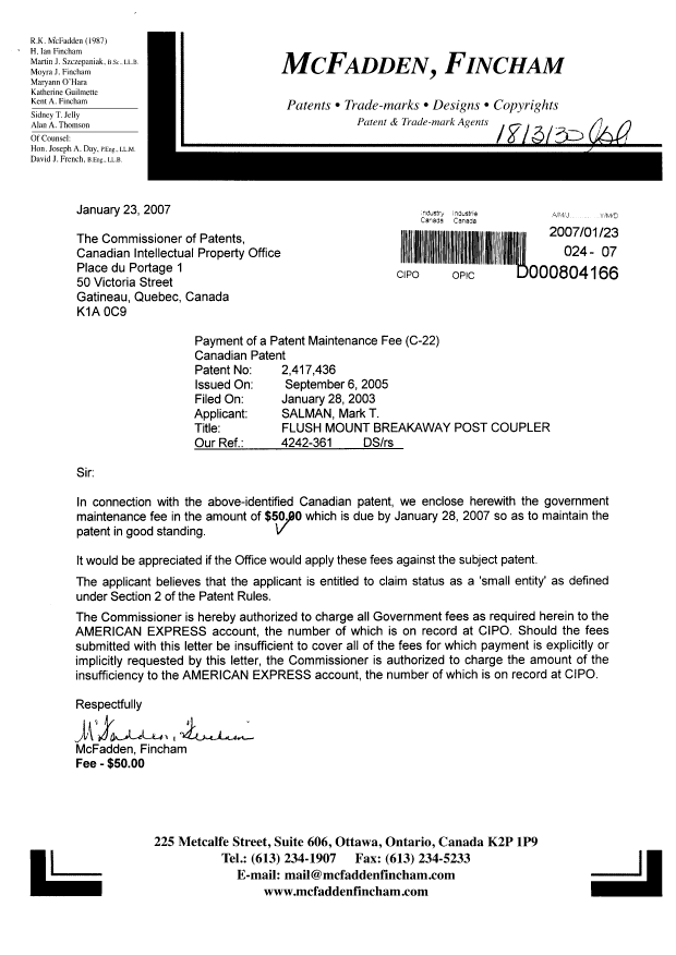Document de brevet canadien 2417436. Taxes 20070123. Image 1 de 1