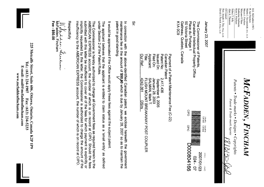 Document de brevet canadien 2417436. Taxes 20070123. Image 1 de 1