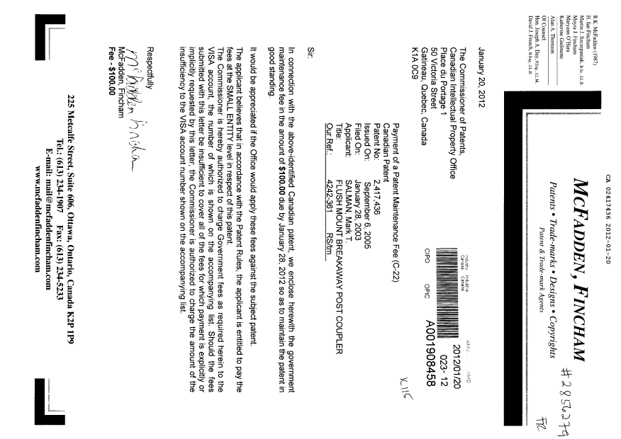 Document de brevet canadien 2417436. Taxes 20120120. Image 1 de 1