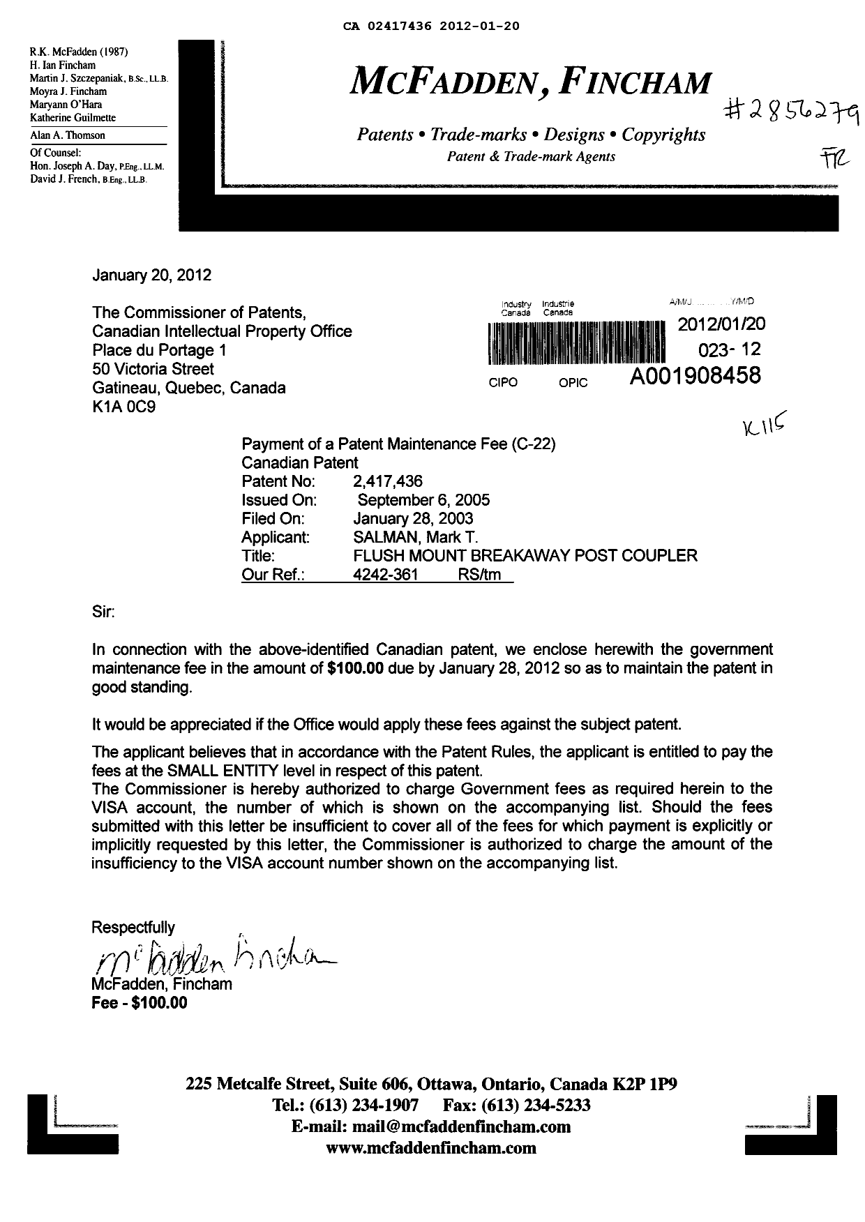 Document de brevet canadien 2417436. Taxes 20120120. Image 1 de 1