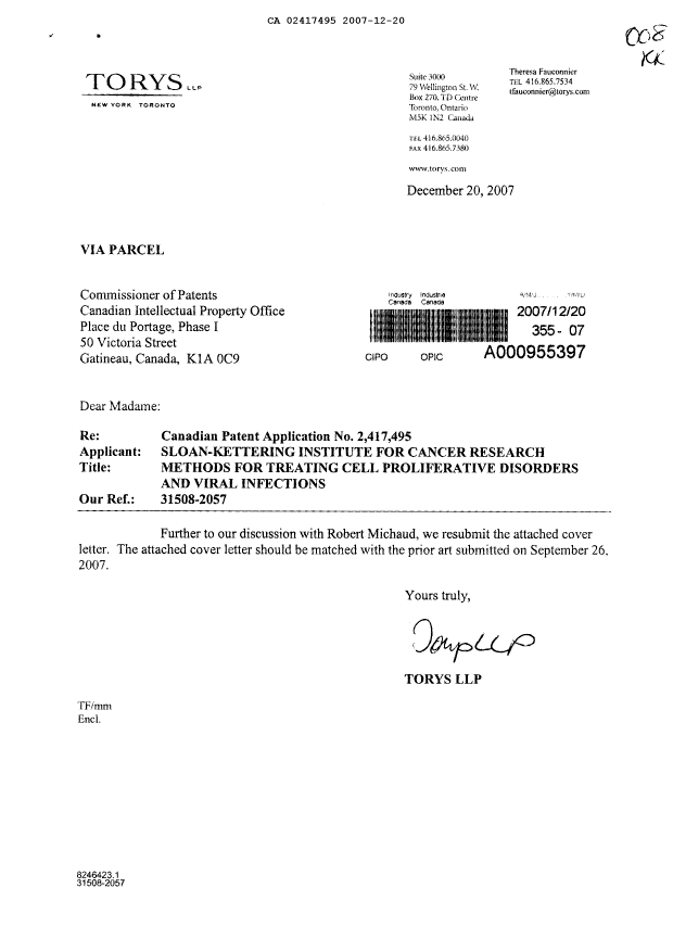 Canadian Patent Document 2417495. Prosecution-Amendment 20071220. Image 1 of 2