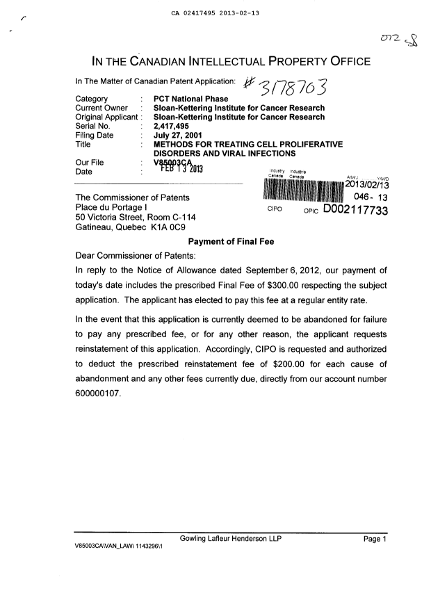 Canadian Patent Document 2417495. Correspondence 20130213. Image 1 of 2
