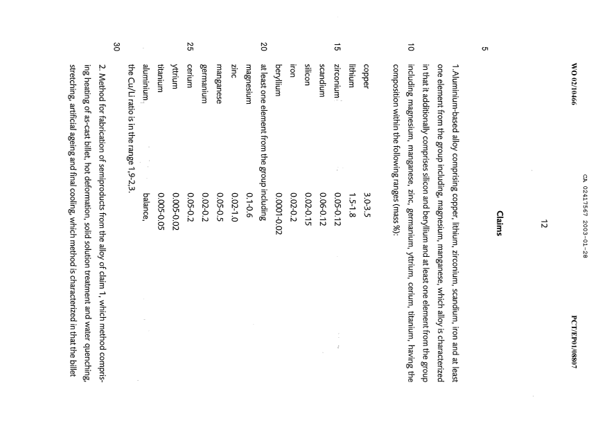 Document de brevet canadien 2417567. Revendications 20030128. Image 1 de 2