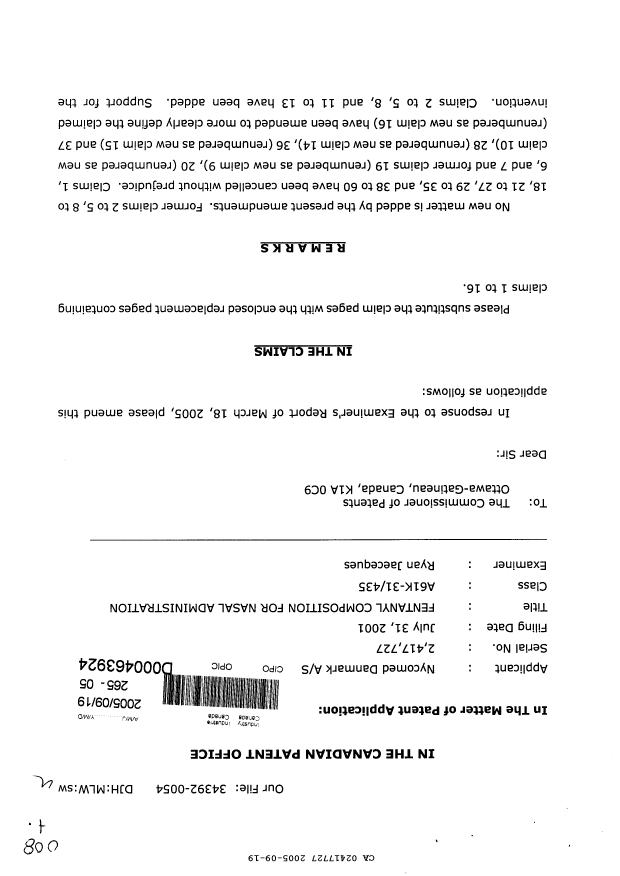 Canadian Patent Document 2417727. Prosecution-Amendment 20050919. Image 1 of 15