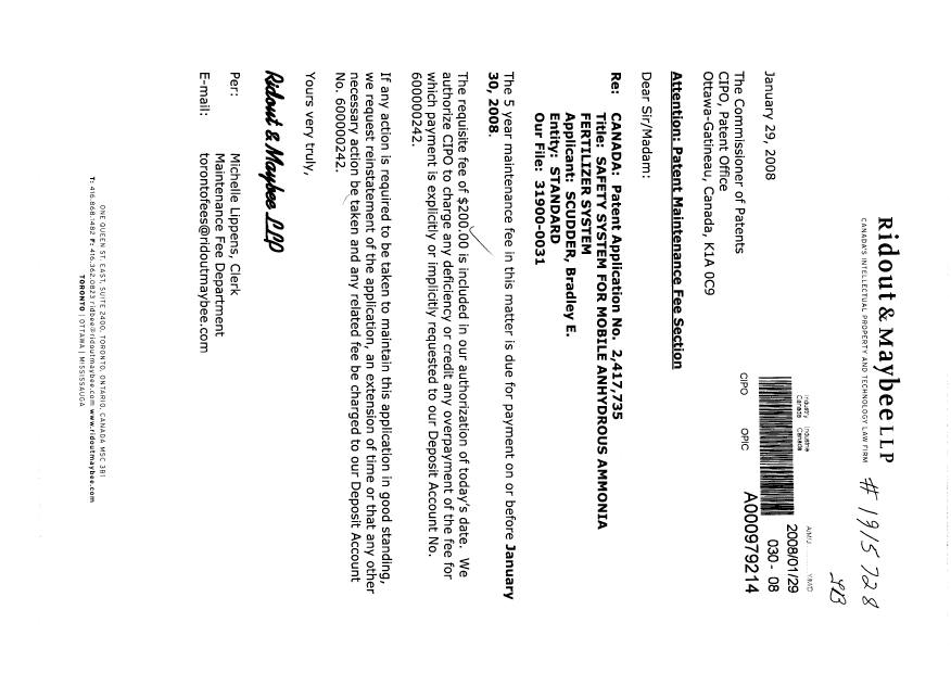 Document de brevet canadien 2417735. Taxes 20080129. Image 1 de 1