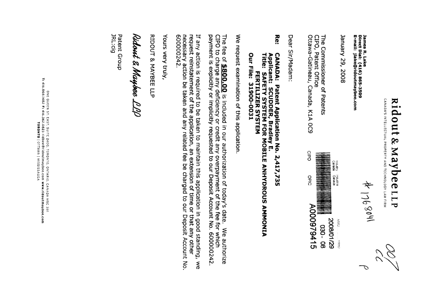Document de brevet canadien 2417735. Poursuite-Amendment 20080129. Image 1 de 1