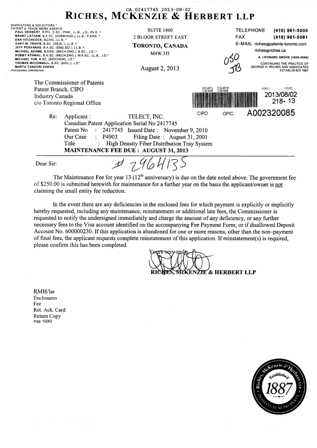 Document de brevet canadien 2417745. Taxes 20130802. Image 1 de 1
